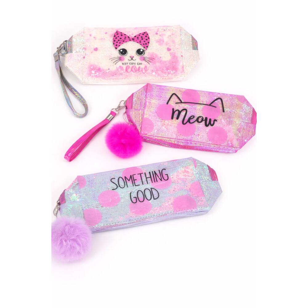 3-Piece Holographic Cat Makeup Bag Bundle Pom Pom Wristlet Cosmetic Pouches